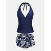 CUPSHE Women’s Tankini Sets Two Piece Swimsuit High Waisted Halter V Neck Bathing Suit Adjustable Straps Shorts(Navy/White Floral)