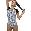 CUPSHE One Piece Swimsuit for Women Mock Neck Zipper Short Sleeve Bathing Suit(Black White Gingham)
