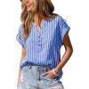 CUPSHE Stripe Shirts for Women Button Down Cap Sleeve Work Tops V Neck Collar Blouses Business Casual Outfits(Blue)