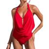 CUPSHE Tankini Bathing Suit for Women Halter Deep V Cowl Neck Low Back Swimsuit(Red)