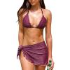 CUPSHE Women’s Bikini Sets Three Piece Swimsuit V Neck Halter Self Tie Merrow Sarong Shiny Bathing Suit(Plum Purple)