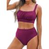 CUPSHE Women’s Bikini Sets Two Piece Bathing Suit High Waisted Square Neck Adjustable Straps Ruched(Burgundy)