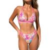 CUPSHE Women’s Bikini Sets Two Piece Swimsuit Halter V Neck Back Hook Cutout Stitching Cheeky Bottom(Pink/Yellow Floral)