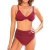 CUPSHE Women’s Bikini Sets Two Piece Swimsuit Underwire V Neck High Waisted Ruching Adjustable Straps Back Tie(Dark Red)