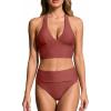 CUPSHE Women’s Bikini Sets V Neck High Waisted Two Piece Swimsuit Halter Back Self Tie Bathing Suit(Burgundy Red)