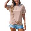 CUPSHE Womens Knit Round Neck Short Lace Sleeve Twist Front Casual Blouse Tee Shirt(Pink)