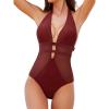 CUPSHE Women’s One Piece Swimsuit Bathing Suit Deep V Neck Halter Back Tie Mesh Swimwear(Burgundy Red)