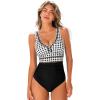 CUPSHE Women’s One Piece Swimsuit Bathing Suit V Neck Adjustable Straps Ruched Mesh Back Hook(Black White/Gingham)
