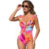 CUPSHE Women’s One Piece Swimsuit Deep V Neck Cutout Crossback Self Tie Ruffle Adjustable Straps Bathing Suit(Pink/Yellow Floral)