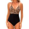 CUPSHE Women’s One Piece Swimsuit Halter V Neck Crochet Bathing Suit Cutout Back Adjustable Straps Self Tie Spaghetti(Black/Brown Leopard)