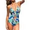 imageCUPSHE Womens One Piece Swimsuit Halter V Neck Crochet Bathing Suit Cutout Back Adjustable Straps Self Tie SpaghettiBlueGreen Floral