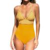 CUPSHE Women’s One Piece Swimsuit Halter V Neck Crochet Bathing Suit Cutout Back Adjustable Straps Self Tie Spaghetti(Yellow Floral)