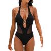 CUPSHE Women’s One Piece Swimsuit Plunge V Neck Halter Self Tie Adjustable Bathing Suit Mesh Swimwear(Black)
