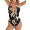 CUPSHE Women’s One Piece Swimsuit Plunging Neck Cutouts Bathing Suit Textured Ruched Crisscross Back Self Tie Swimwear(Black/Leaf)