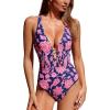 CUPSHE Women’s One Piece Swimsuit Plunging V Neck Bathing Suit Crisscross Self Tie Adjustable Straps Swimwear(Navy/Pink Floral)