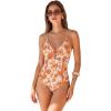 CUPSHE Women’s One Piece Swimsuit Plunging V Neck Shell Stitch Bathing Suit Self Tie Adjustable Cutouts Swimwear(Orange/Floral)