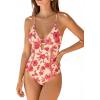 CUPSHE Women’s One Piece Swimsuit Plunging V Neck Shell Stitch Bathing Suit Self Tie Adjustable Cutouts Swimwear(Pink/Floral)