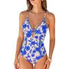 CUPSHE Women’s One Piece Swimsuit Plunging V Neck Shell Stitch Bathing Suit Self Tie Adjustable Cutouts Swimwear(Royal Blue/Floral)