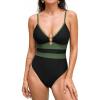 CUPSHE Women’s One Piece Swimsuit Sexy V Neck Bathing Suit Adjustable Straps O Ring Back Hook Color Block(Black/Olive Green)