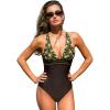 CUPSHE Women’s One Piece Swimsuit V Neck Bathing Suit Adjustable Crisscross Straps Backless Ruching Swimwear(Brown/Yellow Floral)