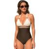 CUPSHE Women’s One Piece Swimsuit V Neck Bathing Suit Halter Straps Adjustable Self Tie Swimwear Backless Textured(Beige/Brown)