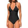 CUPSHE Women’s One Piece Swimsuit V Neck Bathing Suit Halter Straps Adjustable Self Tie Swimwear Backless Textured(Black)
