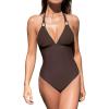 CUPSHE Women’s One Piece Swimsuit V Neck Bathing Suit Halter Straps Adjustable Self Tie Swimwear Backless Textured(Brown)