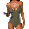 CUPSHE Women’s One Piece Swimsuit V Neck Bathing Suit Self Tie Adjustable Straps Swimwear Ruching(Eucalyptus Green/Floral)