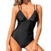 CUPSHE Women’s One Piece Swimsuit V Neck Tummy Control Double Adjustable Straps Back Cutout O-Ring(Black Polka Dots)