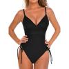 CUPSHE Women’s One Piece Swimsuit V Neck Tummy Control Side Drawstring Ruching Adjustable Straps Bathing Suit(Black)