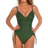 CUPSHE Women’s One Piece Swimsuit V Neck Tummy Control Side Drawstring Ruching Adjustable Straps Bathing Suit(Hunter Green)