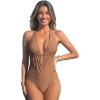 CUPSHE Women’s Plunging Hater One Piece Ruched Mesh Panel Swimsuit Deep V Neck Open Back Bathing Suit(Brown)