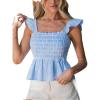 CUPSHE Womens Tank Tops Summer Ruffle Flying Sleeve Smocked Blouses Square Neck Sleeveless Babydoll Shirt(Blue)