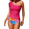 CUPSHE Women’s Tankini Sets One Shoulder Ruffle Two Piece Swimsuit Reversible Bottoms Removable Straps Swimwear(Magenta/Tropical)
