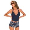 CUPSHE Women’s Tankini Sets Two Piece Swimsuit High Waisted Halter V Neck Bathing Suit Adjustable Straps Shorts(Navy/White Floral)
