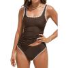 imageCUPSHE Womens Tankini Sets Two Piece Swimsuit Square Neck Stitching Bathing Suit Ruching Adjustable Wide StrapsBrown