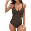 CUPSHE Women’s Tankini Sets Two Piece Swimsuit V Neck Crisscross Adjustable Double Straps Ruched Mid Rise(Chocolate Brown)