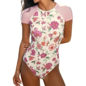 CUPSHE One Piece Swimsuit for Women Mock Neck Zipper Short Sleeve Bathing Suit(Cream/Pink Floral)