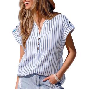 CUPSHE Stripe Shirts for Women Button Down Cap Sleeve Work Tops V Neck Collar Blouses Business Casual Outfits(White)