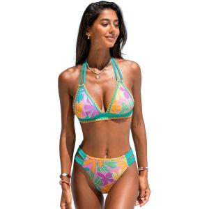 CUPSHE Women’s Bikini Sets Two Piece Swimsuit Halter V Neck Back Hook Cutout Stitching Cheeky Bottom(Mint Blue/Tropical)
