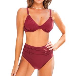 CUPSHE Women’s Bikini Sets Two Piece Swimsuit Underwire V Neck High Waisted Ruching Adjustable Straps Back Tie(Dark Red)