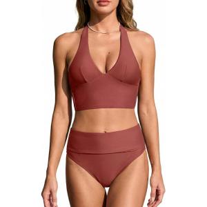 CUPSHE Women’s Bikini Sets V Neck High Waisted Two Piece Swimsuit Halter Back Self Tie Bathing Suit(Burgundy Red)