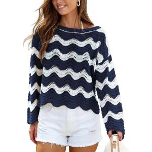 CUPSHE Women’s Crochet Cover Up Long Sleeve Striped Beach Cover Up Top Summer Casual Knit Tops for Swimwear(Top Only)(Blue Stripes)