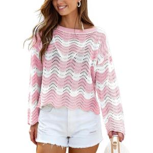 CUPSHE Women’s Crochet Cover Up Long Sleeve Striped Beach Cover Up Top Summer Casual Knit Tops for Swimwear(Top Only)(Pink Stripes)