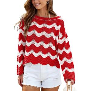 CUPSHE Women’s Crochet Cover Up Long Sleeve Striped Beach Cover Up Top Summer Casual Knit Tops for Swimwear(Top Only)(Red Stripes)