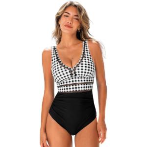 CUPSHE Women’s One Piece Swimsuit Bathing Suit V Neck Adjustable Straps Ruched Mesh Back Hook(Black White/Gingham)