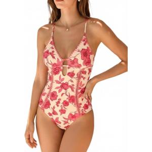 CUPSHE Women’s One Piece Swimsuit Plunging V Neck Shell Stitch Bathing Suit Self Tie Adjustable Cutouts Swimwear(Pink/Floral)