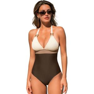 CUPSHE Women’s One Piece Swimsuit V Neck Bathing Suit Halter Straps Adjustable Self Tie Swimwear Backless Textured(Beige/Brown)