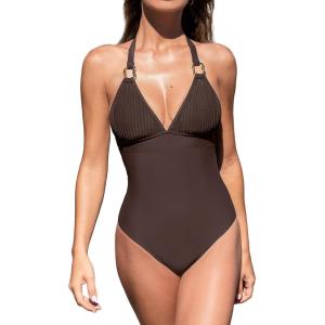 CUPSHE Women’s One Piece Swimsuit V Neck Bathing Suit Halter Straps Adjustable Self Tie Swimwear Backless Textured(Brown)
