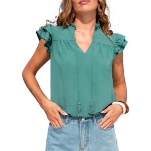 CUPSHE Womens Summer Tops 2026 Casual V Neck Ruffle Sleeve Blouse Shirts Solid Color Tunic Cute Tops(Green)